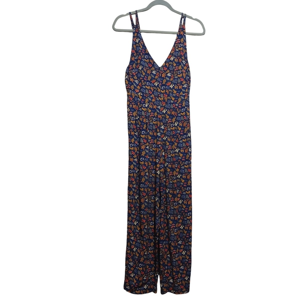 Madewell Floral V-Neck Jumpsuit Navy Blue Orange Wide Leg Double Strap Size 0 - Picture 2 of 10